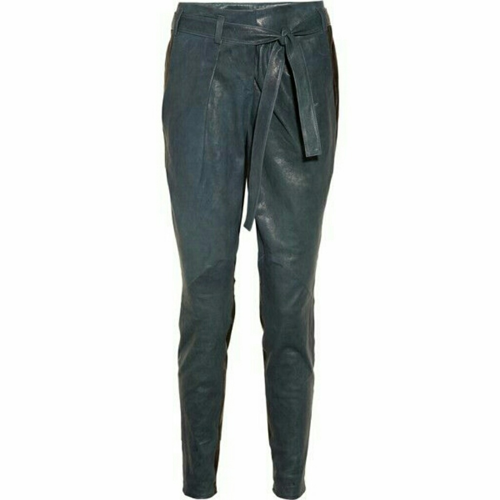Helmut Lang Teal Pleated leather tie pant